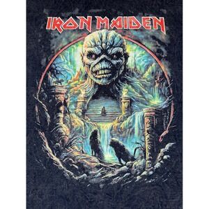 Iron Maiden Graphic TShirt Mens Large Blue Acid Wash Fruit of the Loom HD Cotton